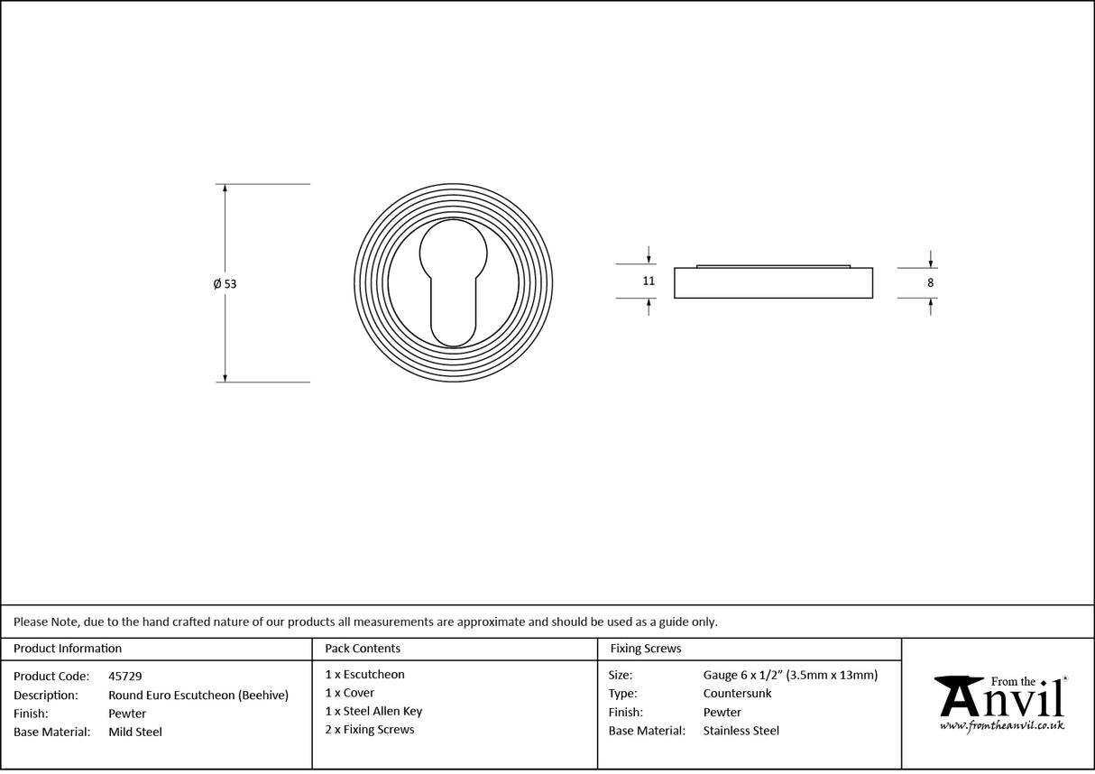 From The Anvil - Pewter Round Euro Escutcheon (Beehive) | Sku. 45729 | Trade Door Handles.