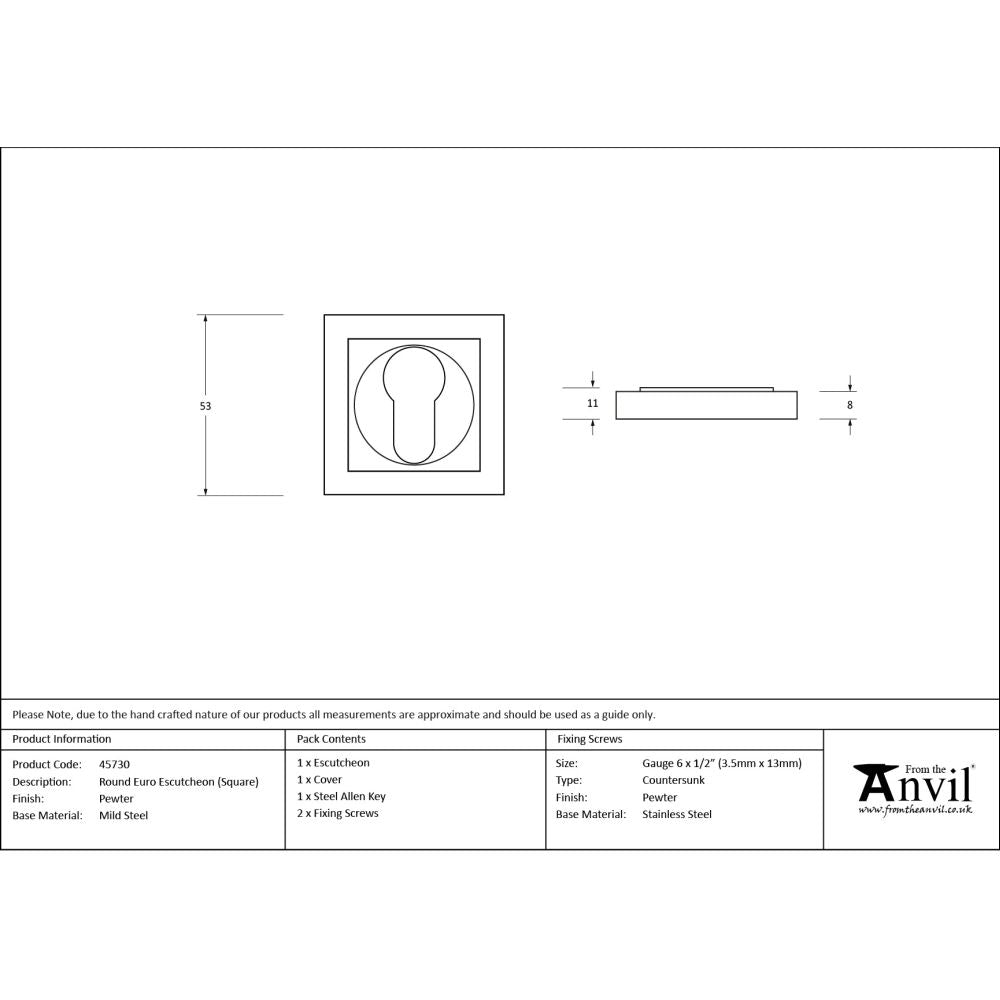 From The Anvil - Pewter Round Euro Escutcheon (Square) | Sku. 45730 | Trade Door Handles.