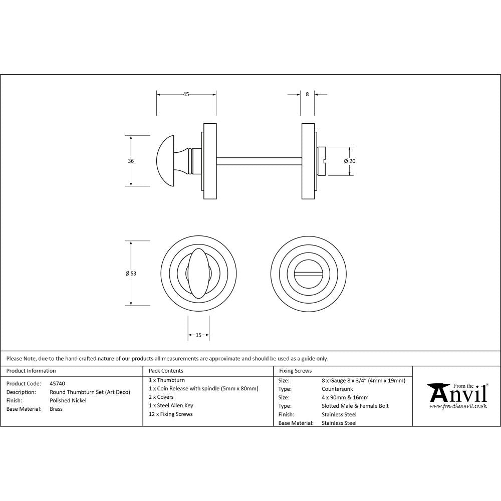 From The Anvil - Polished Nickel Round Thumbturn Set (Art Deco) | Sku. 45740 | Trade Door Handles.