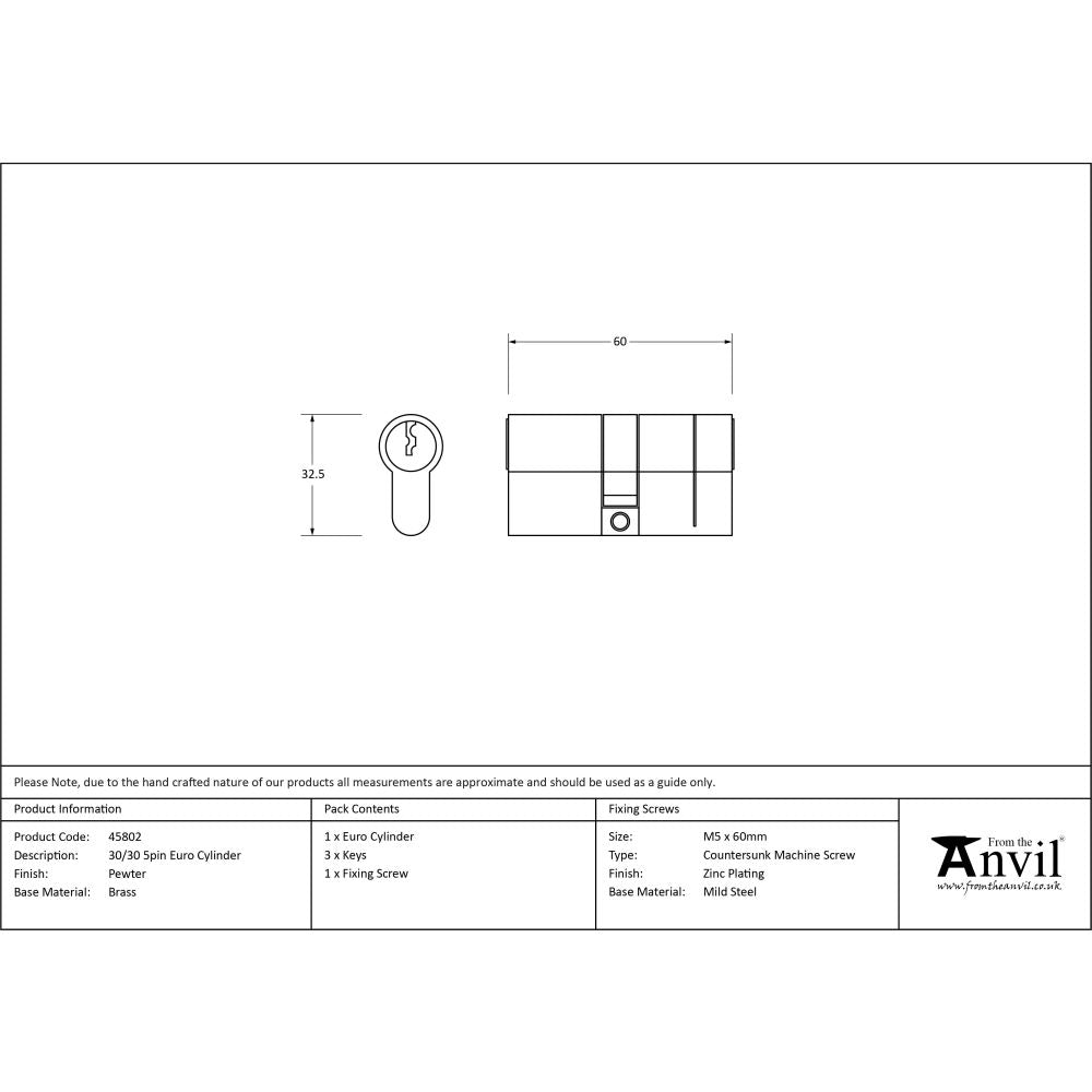 From The Anvil - Pewter 30/30 5pin Euro Cylinder | Sku. 45802 | Trade Door Handles.