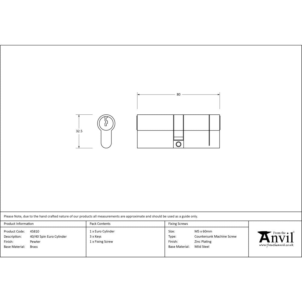 From The Anvil - Pewter 40/40 5pin Euro Cylinder | Sku. 45810 | Trade Door Handles.