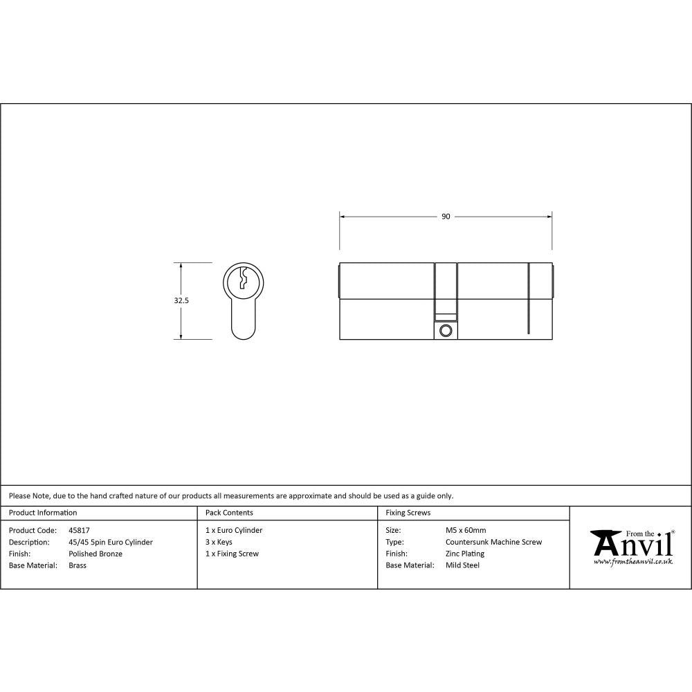 From The Anvil - Polished Bronze 45/45 5pin Euro Cylinder | Sku. 45817 | Trade Door Handles.