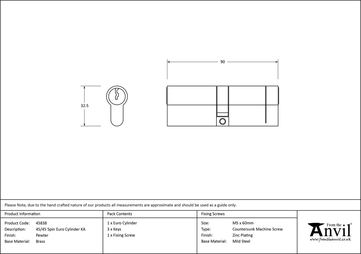 From The Anvil - Pewter 45/45 5pin Euro Cylinder KA | Sku. 45838 | Trade Door Handles.