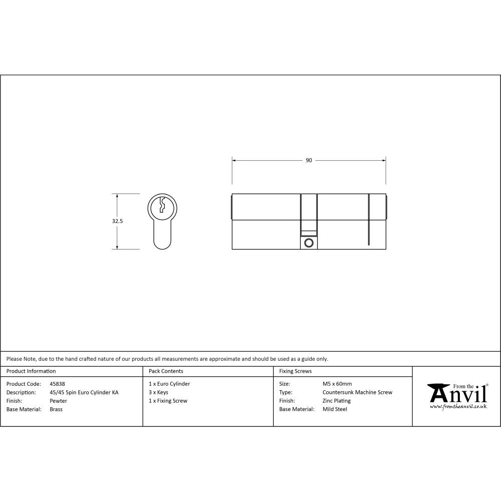 From The Anvil - Pewter 45/45 5pin Euro Cylinder KA | Sku. 45838 | Trade Door Handles.