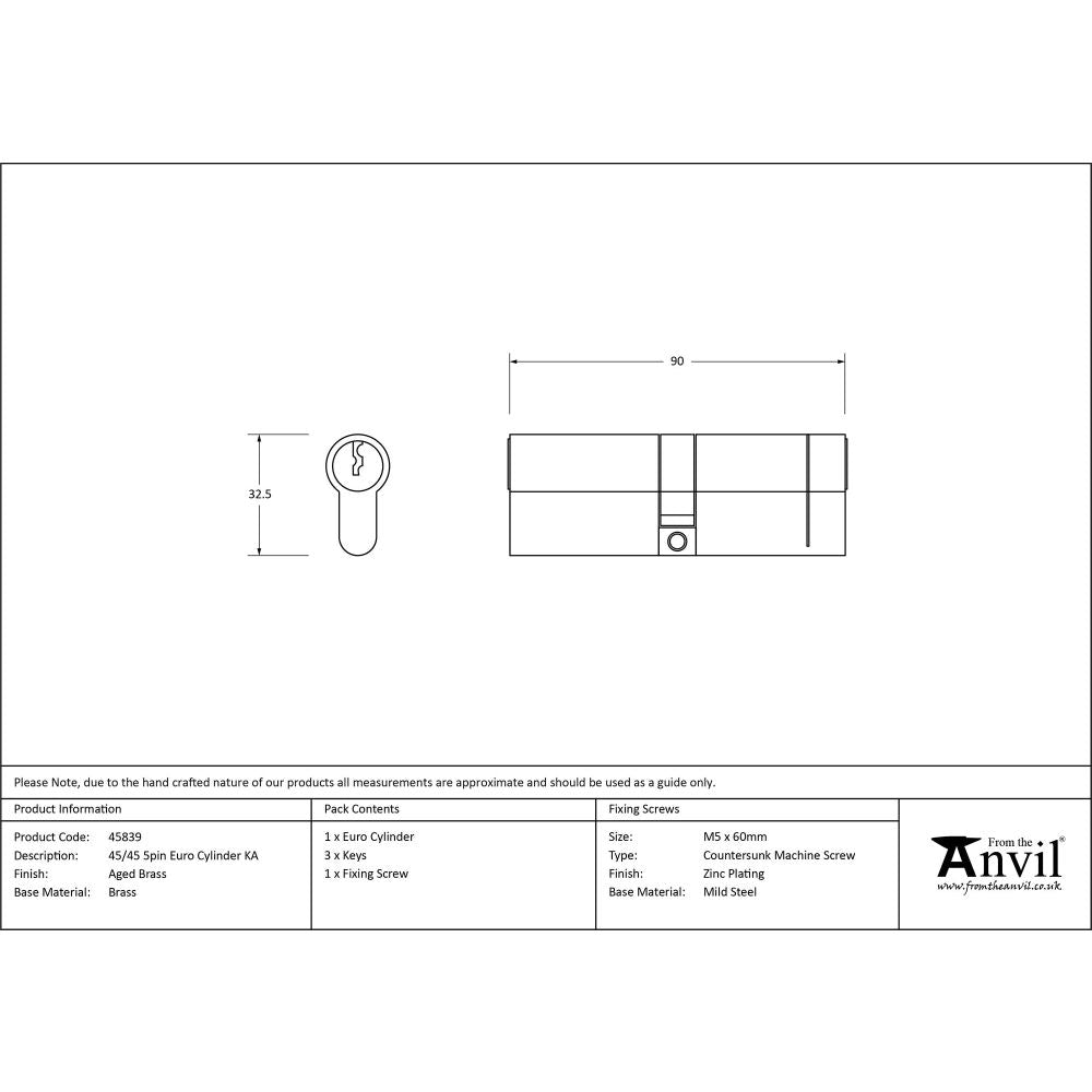 From The Anvil - Aged Brass 45/45 5pin Euro Cylinder KA | Sku. 45839 | Trade Door Handles.