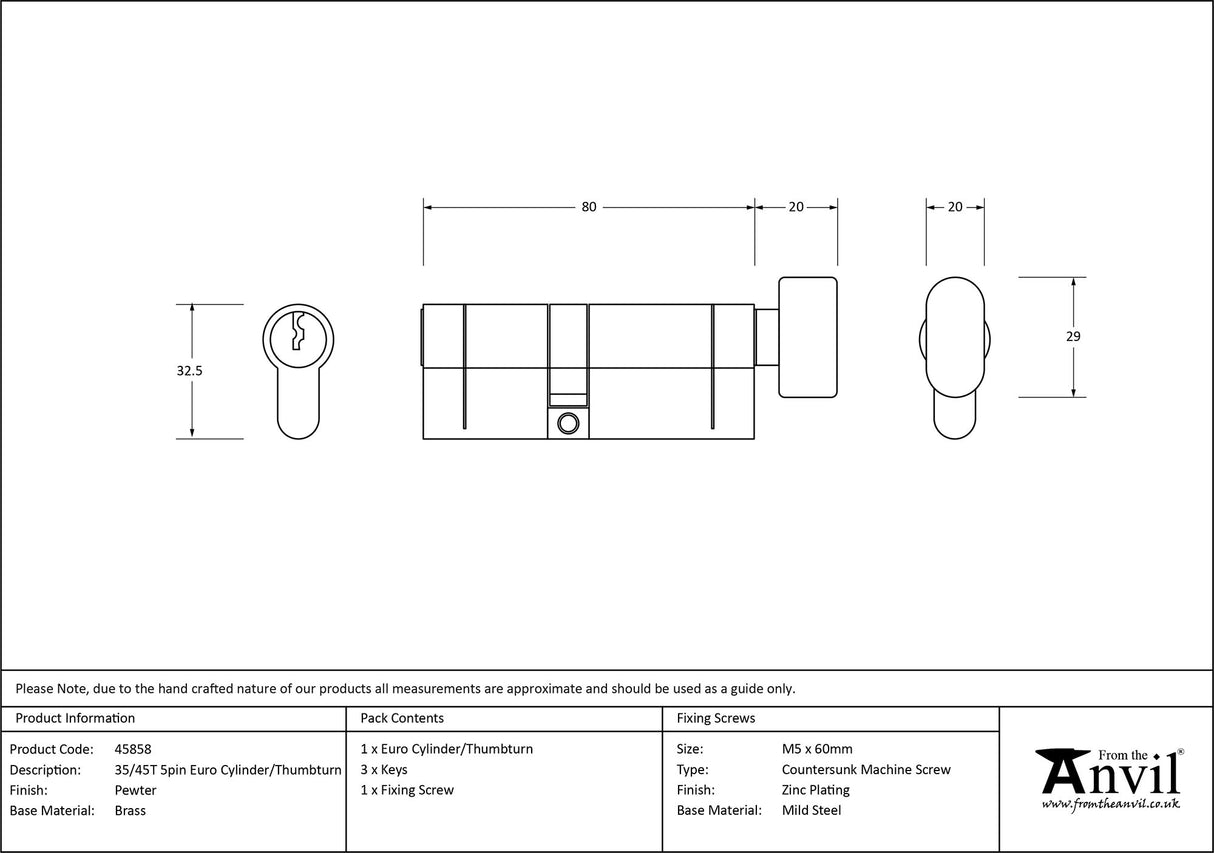 From The Anvil - Pewter 35/45T 5pin Euro Cylinder/Thumbturn | Sku. 45858 | Trade Door Handles.