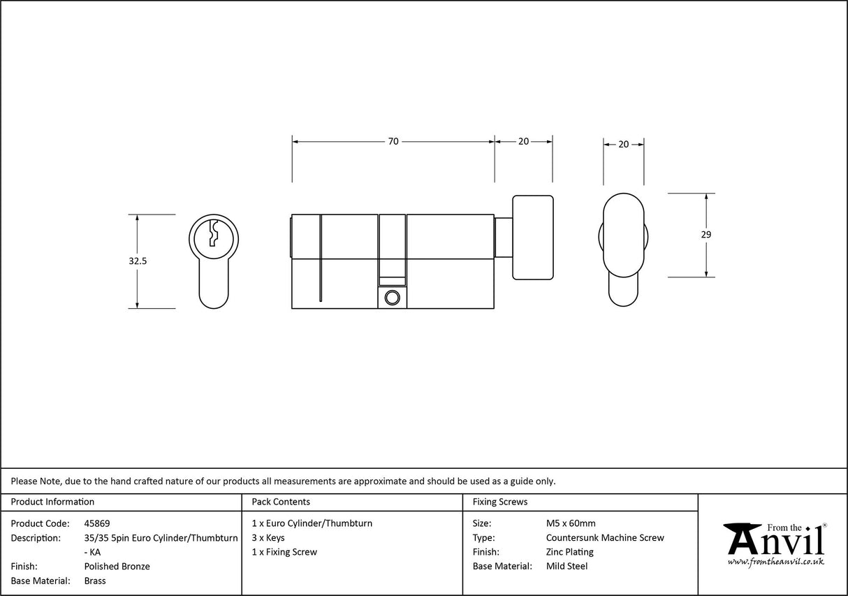 From The Anvil - Polished Bronze 35/35 5pin Euro Cylinder/Thumbturn KA | Sku. 45869 | Trade Door Handles.