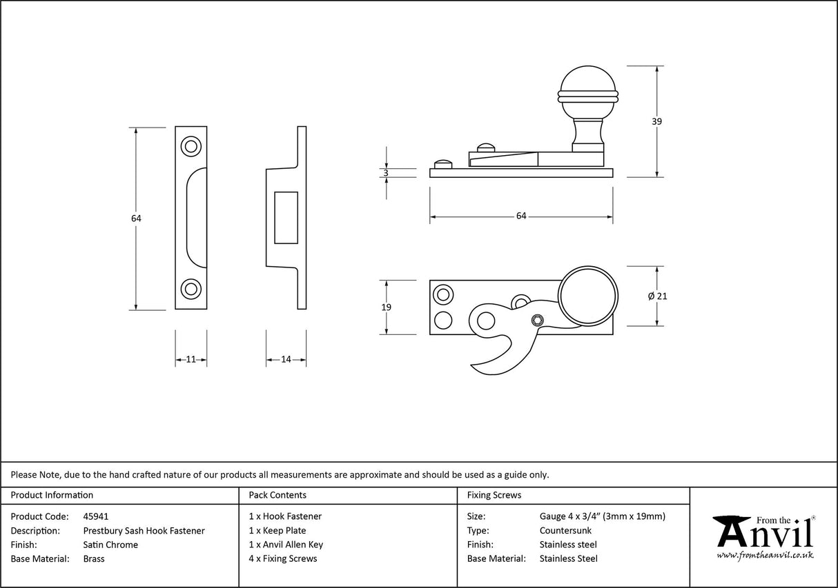 From The Anvil - Satin Chrome Prestbury Sash Hook Fastener | Sku. 45941 | Trade Door Handles.