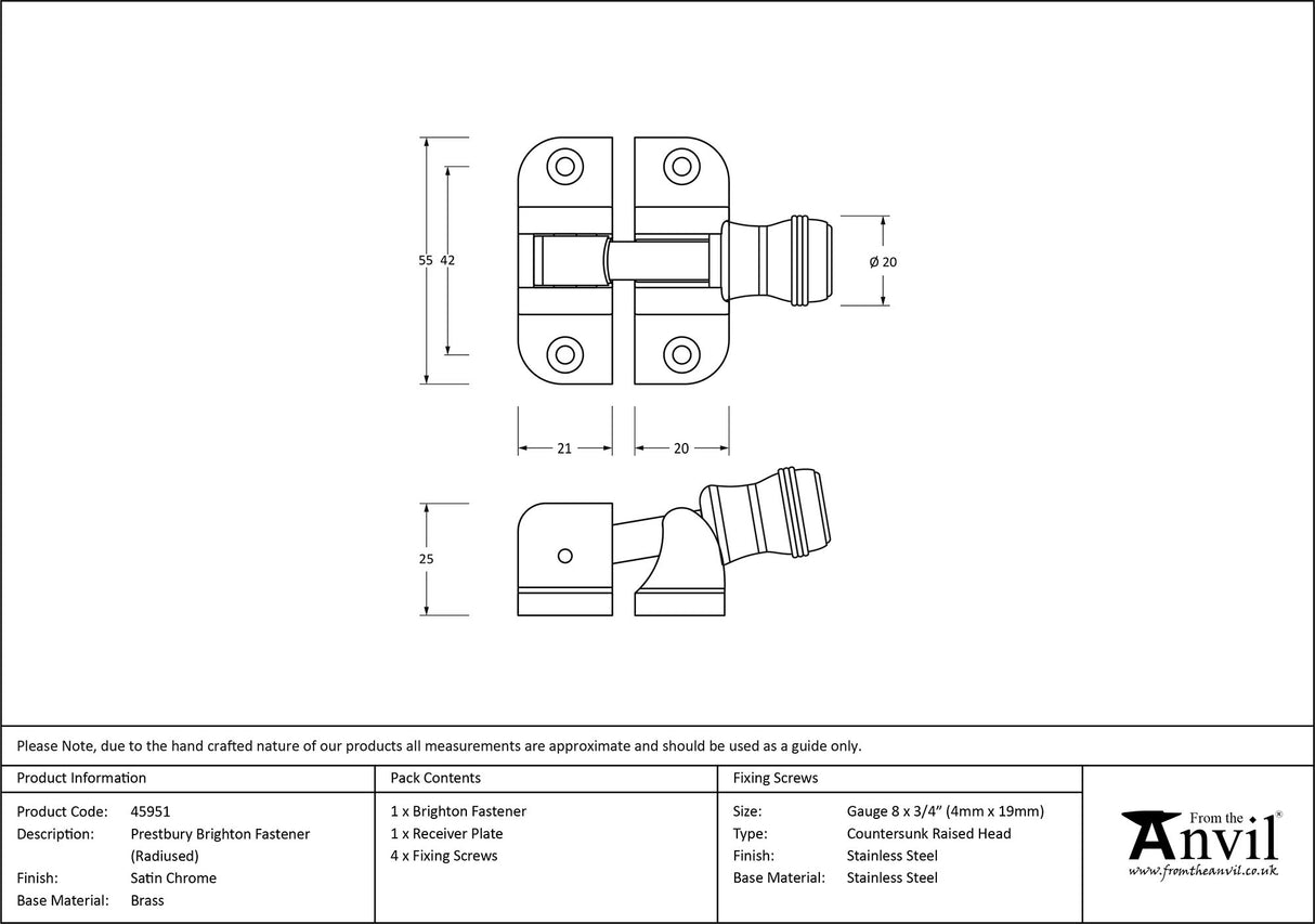 From The Anvil - Satin Chrome Prestbury Brighton Fastener (Radiused) | Sku. 45951 | Trade Door Handles.