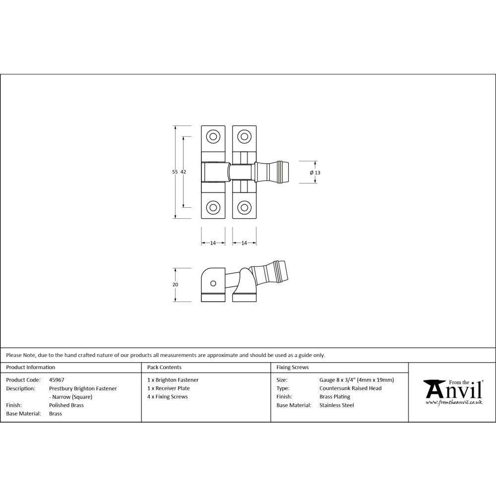 From The Anvil - Polished Brass Prestbury Brighton Fastener - Narrow (Square) | Sku. 45967 | Trade Door Handles.