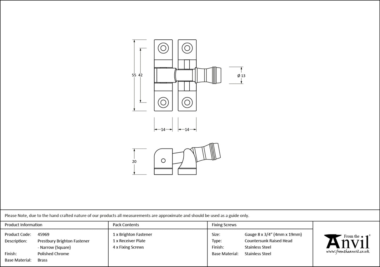 From The Anvil - Polished Chrome Prestbury Brighton Fastener - Narrow (Square) | Sku. 45969 | Trade Door Handles.