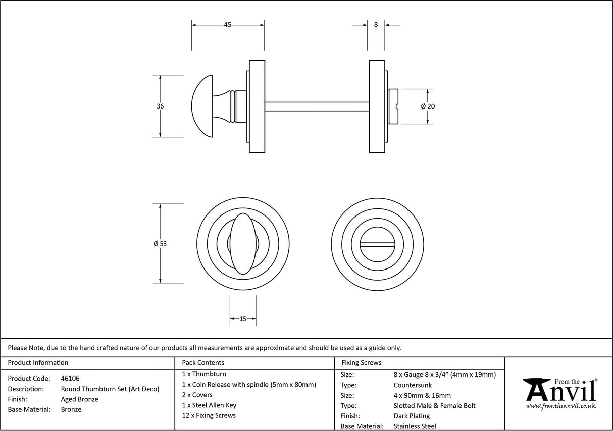 From The Anvil - Aged Bronze Round Thumbturn Set (Art Deco) | Sku. 46106 | Trade Door Handles.