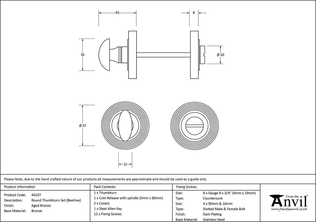 From The Anvil - Aged Bronze Round Thumbturn Set (Beehive) | Sku. 46107 | Trade Door Handles.