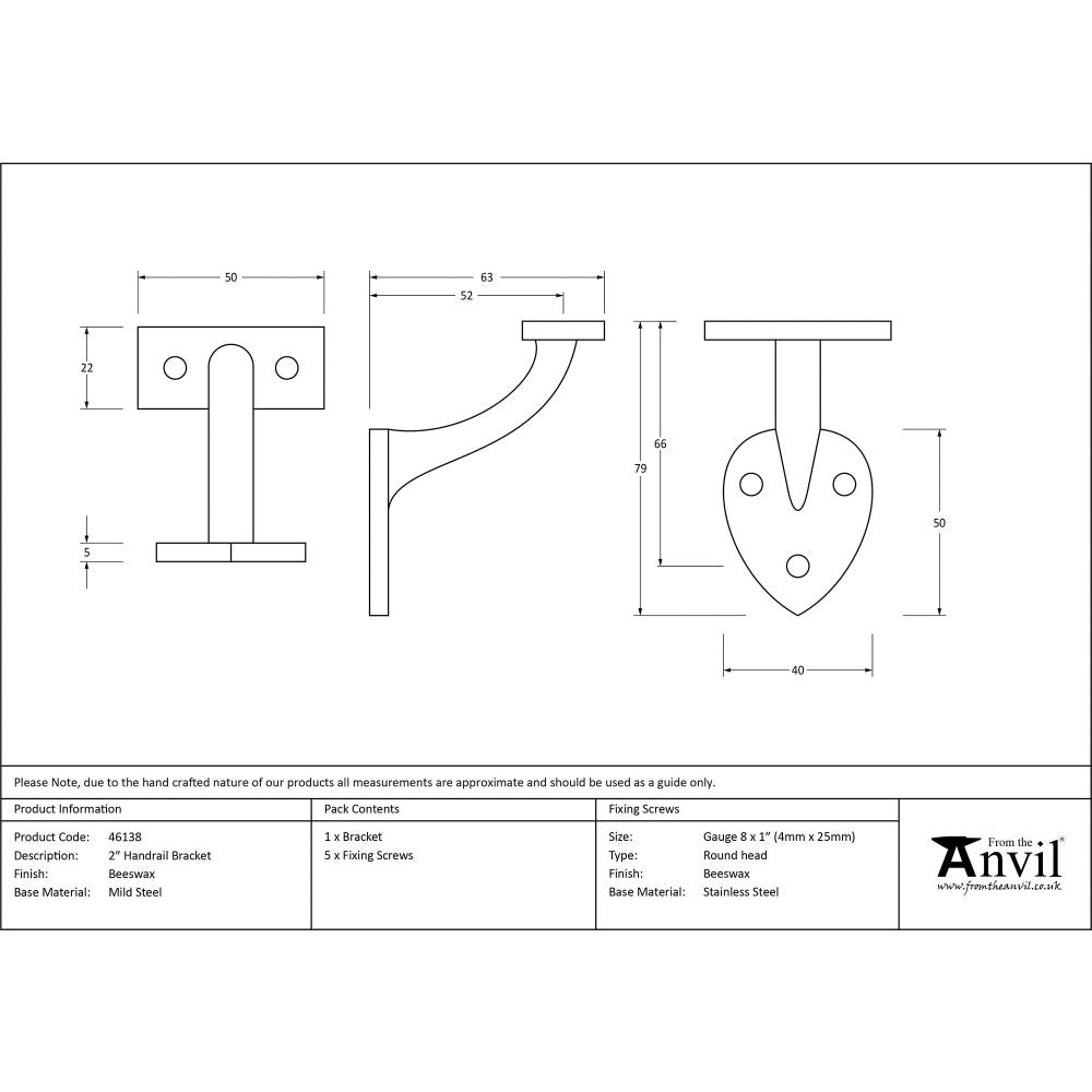 From The Anvil - Beeswax 2" Handrail Bracket | Sku. 46138 | Trade Door Handles.