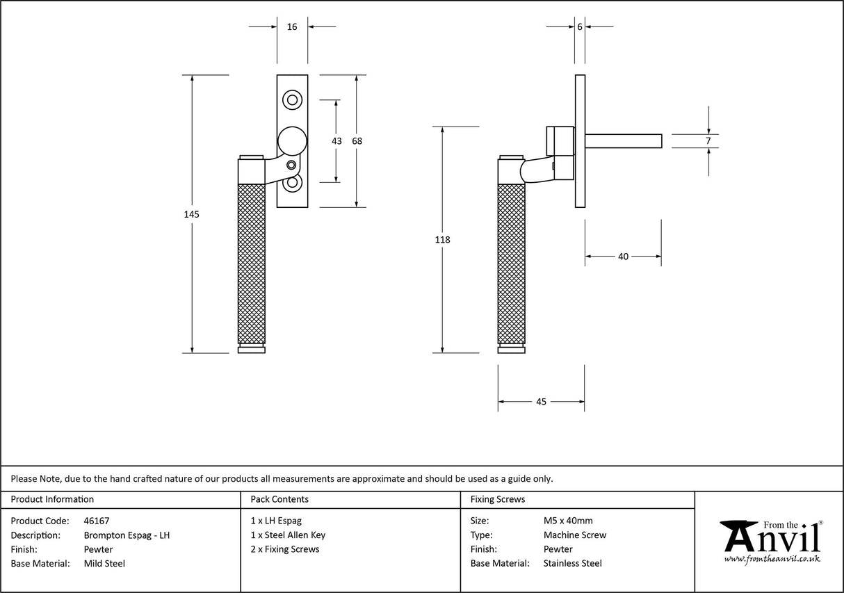 From The Anvil - Pewter Brompton Espag - LH | Sku. 46167 | Trade Door Handles.
