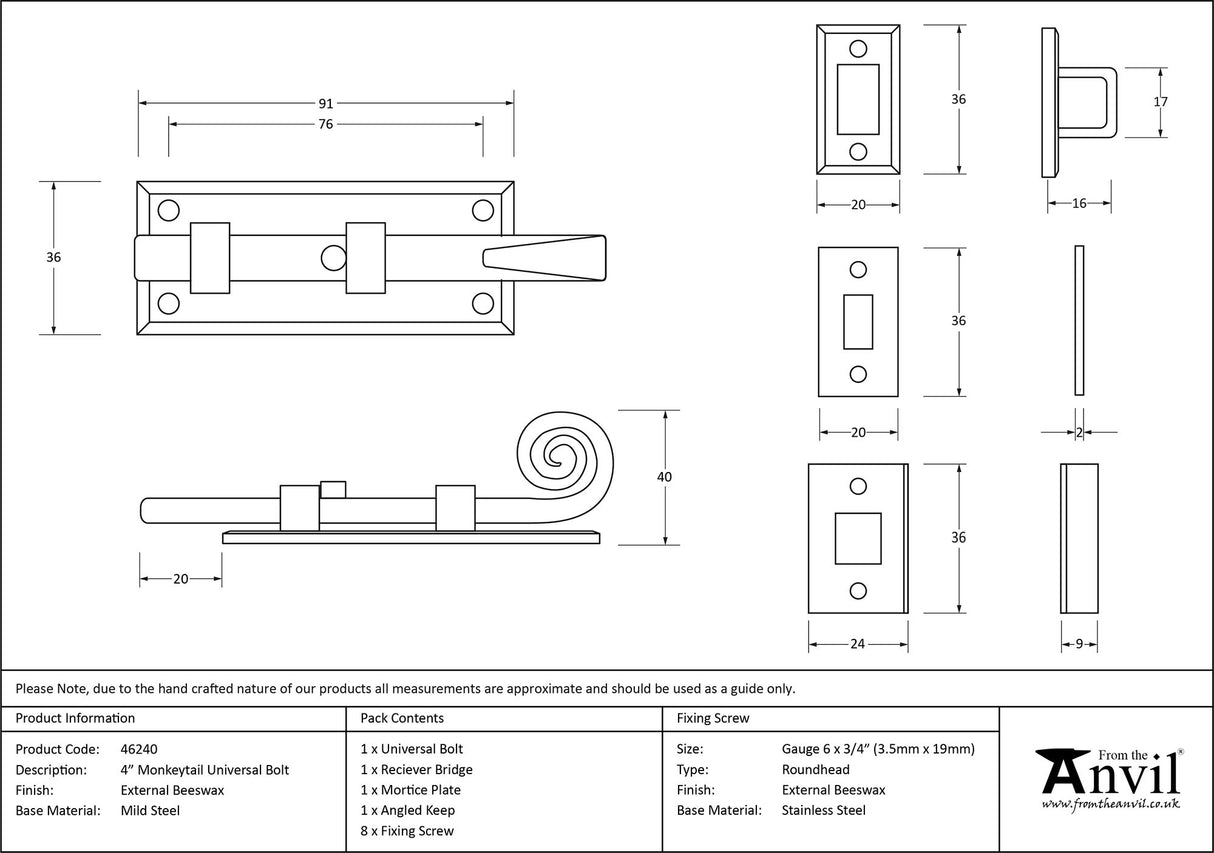 From The Anvil - External Beeswax 4" Monkeytail Universal Bolt | Sku. 46240 | Trade Door Handles.
