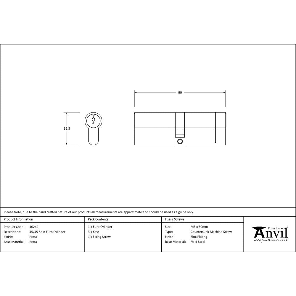 From The Anvil - Lacquered Brass 45/45 5pin Euro Cylinder | Sku. 46242 | Trade Door Handles.