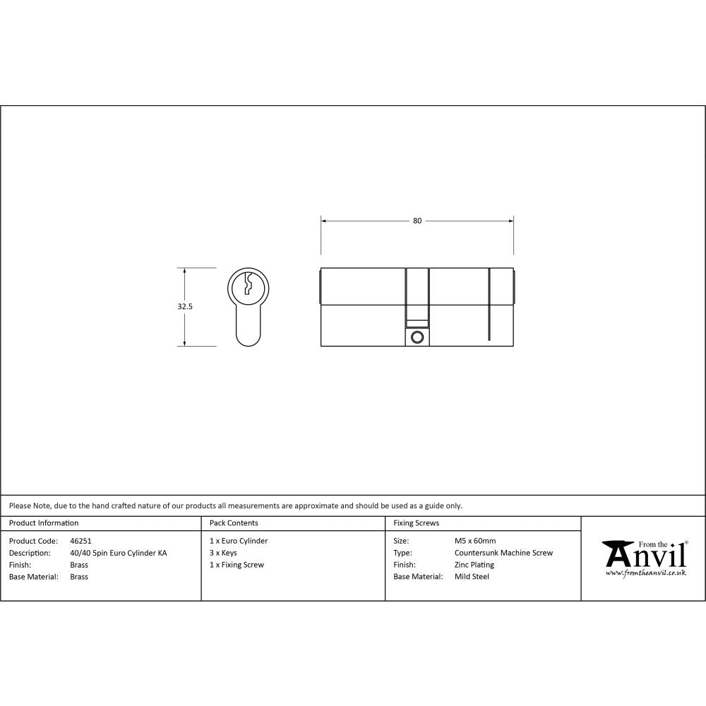 From The Anvil - Lacquered Brass 40/40 5pin Euro Cylinder KA | Sku. 46251 | Trade Door Handles.