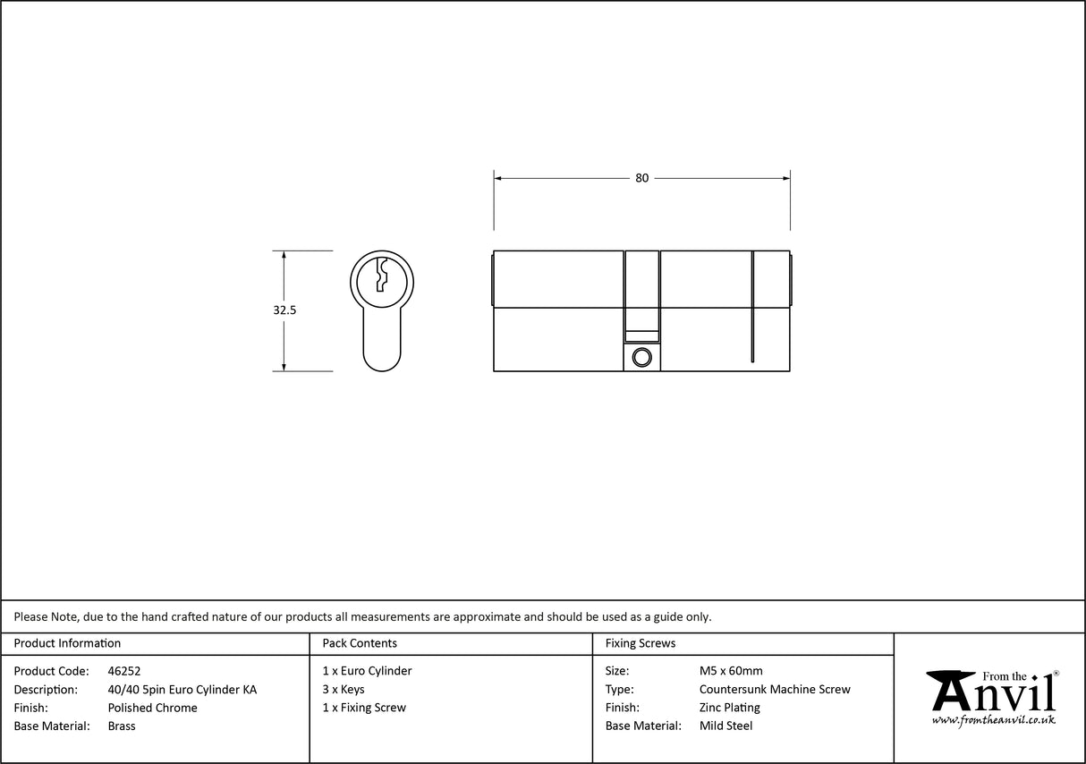 From The Anvil - Polished Chrome 40/40 5pin Euro Cylinder KA | Sku. 46252 | Trade Door Handles.