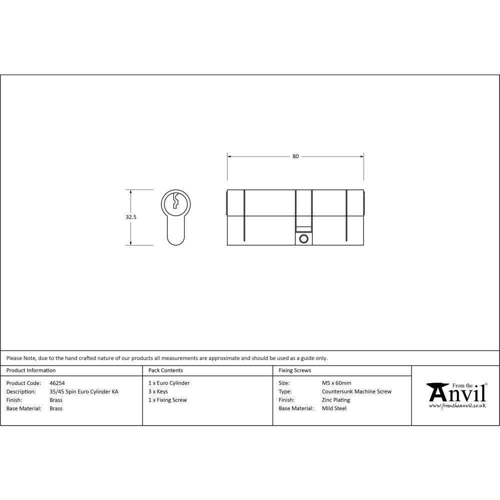 From The Anvil - Lacquered Brass 35/45 5pin Euro Cylinder KA | Sku. 46254 | Trade Door Handles.