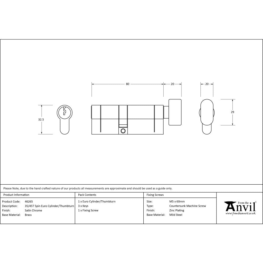 From The Anvil - Satin Chrome 35/45T 5pin Euro Cylinder/Thumbturn | Sku. 46265 | Trade Door Handles.