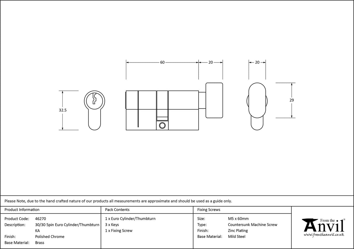 From The Anvil - Polished Chrome 30/30 5pin Euro Cylinder/Thumbturn KA | Sku. 46270 | Trade Door Handles.