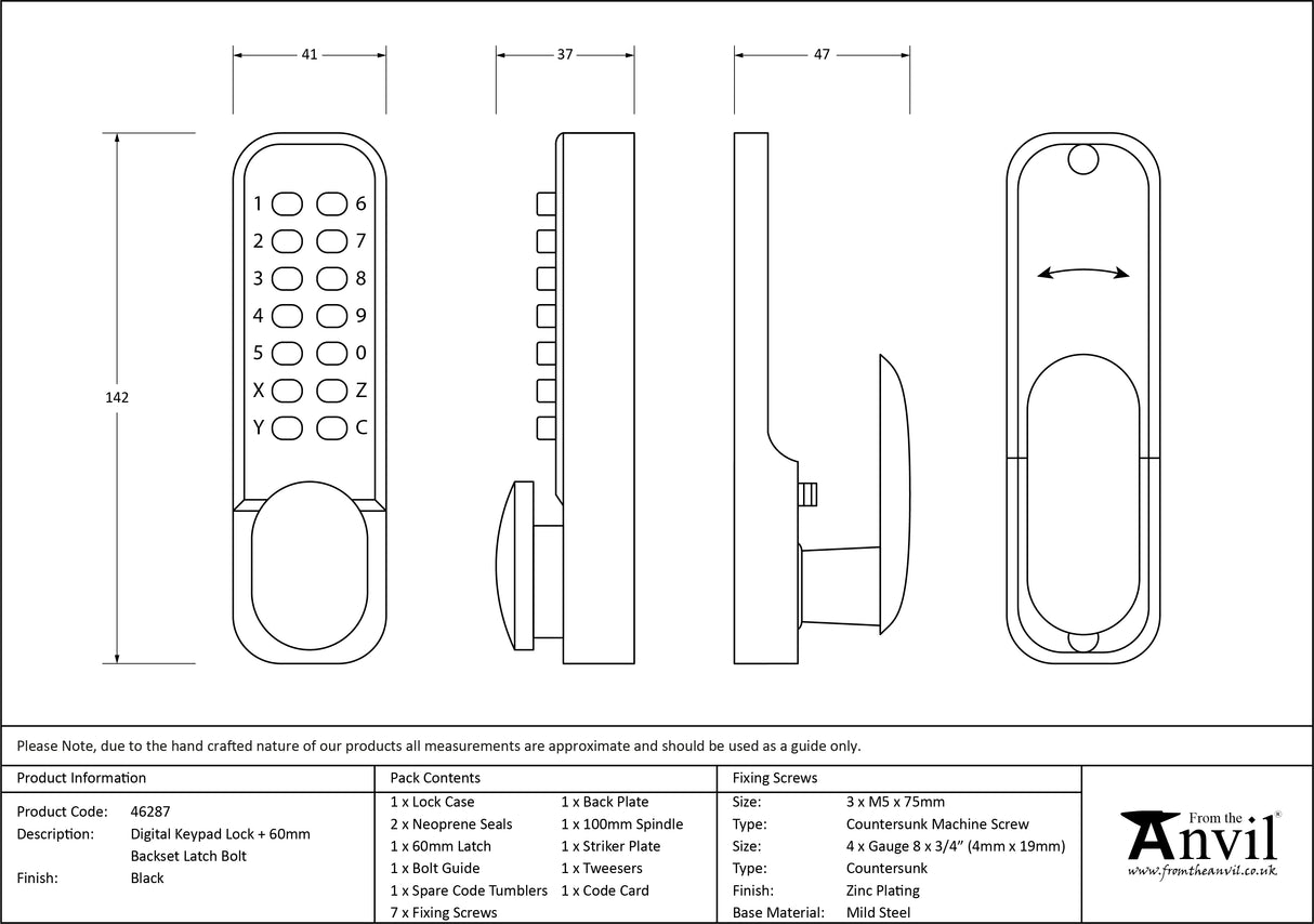From The Anvil - Black Digital Keypad Lock + 60mm Backset Latch Bolt | Sku. 46287 | Trade Door Handles.