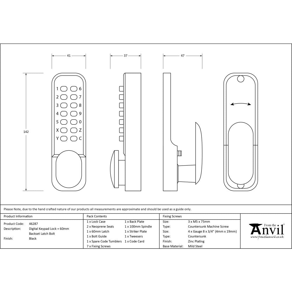 From The Anvil - Black Digital Keypad Lock + 60mm Backset Latch Bolt | Sku. 46287 | Trade Door Handles.