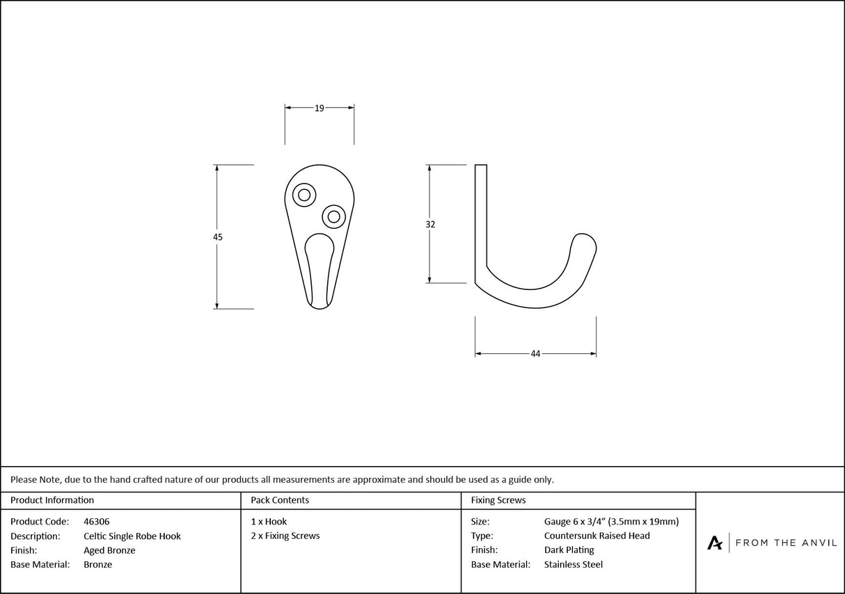 From The Anvil - Aged Bronze Celtic Single Robe Hook | Sku. 46306 | Trade Door Handles.