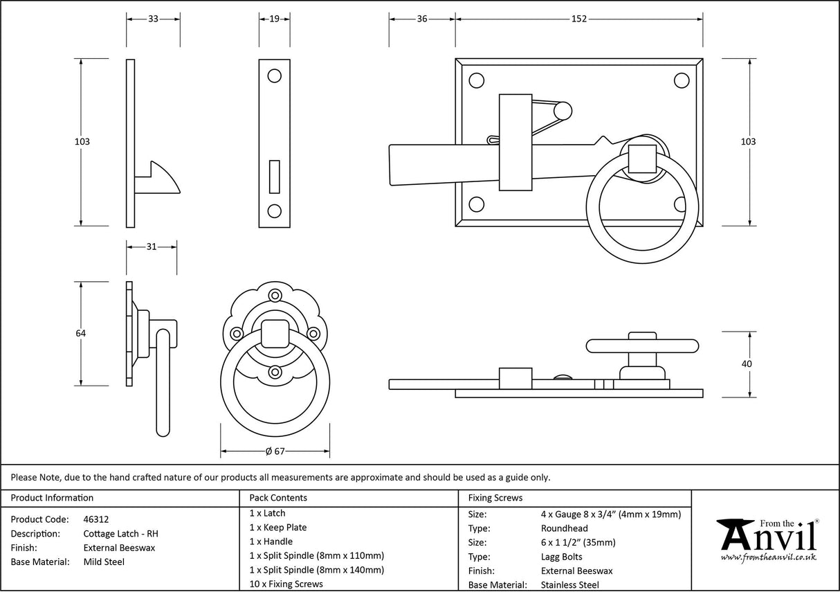 From The Anvil - External Beeswax Cottage Latch - RH | Sku. 46312 | Trade Door Handles.