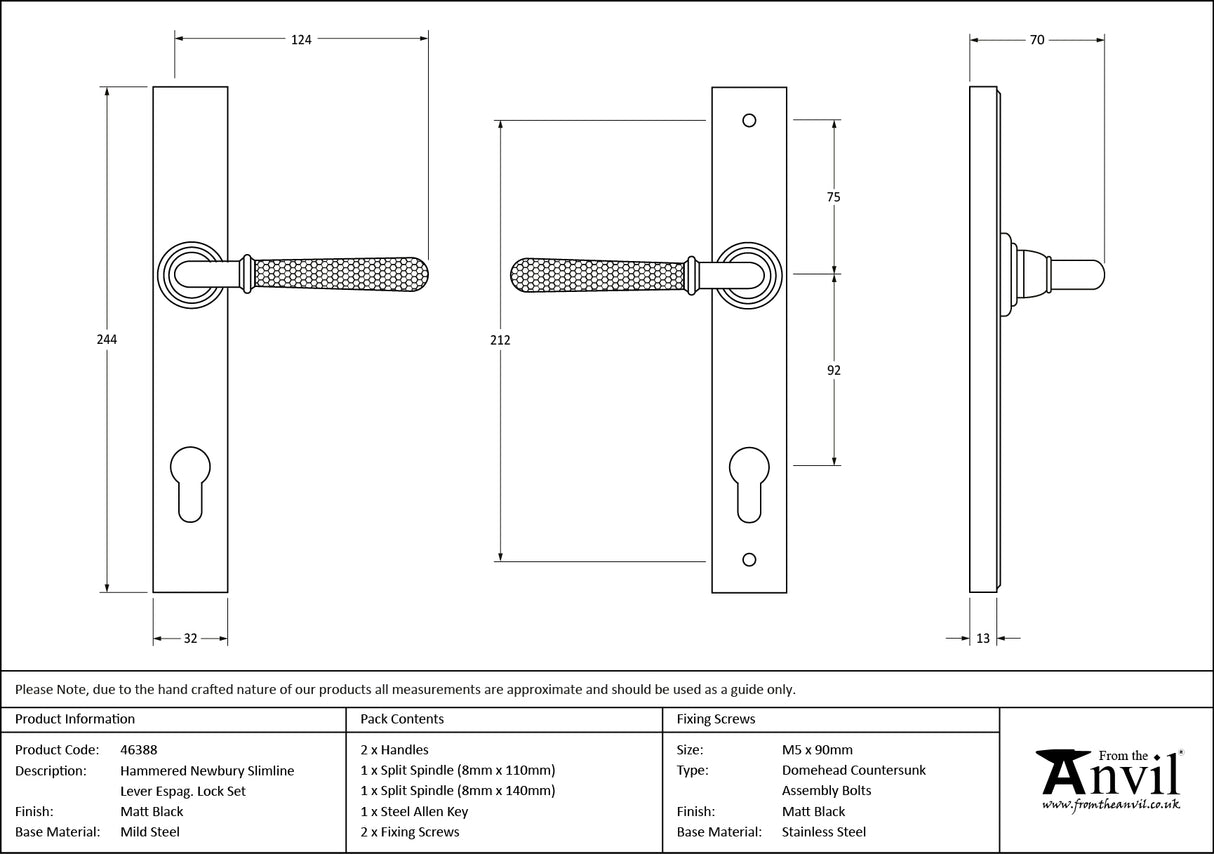From The Anvil - Matt Black Hammered Newbury Slimline Espag. Lock Set | Sku. 46388 | Trade Door Handles.