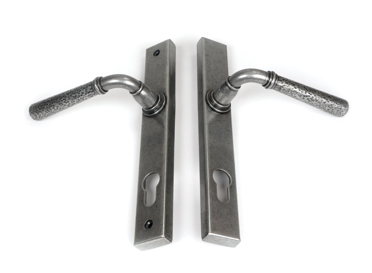 From The Anvil - Pewter Hammered Newbury Slimline Espag. Lock Set | Sku. 46389 | Trade Door Handles.