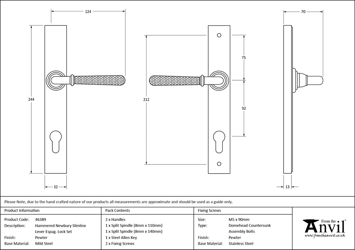 From The Anvil - Pewter Hammered Newbury Slimline Espag. Lock Set | Sku. 46389 | Trade Door Handles.