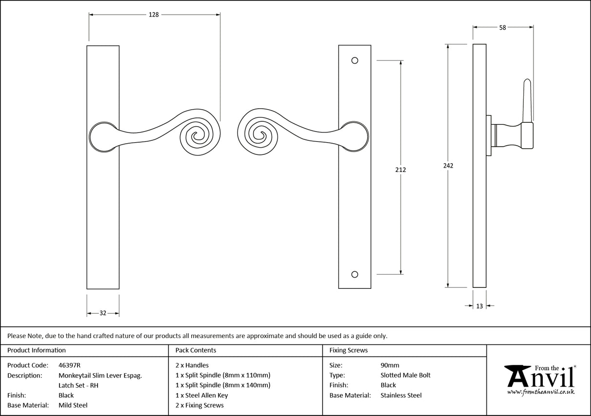 From The Anvil - Black Monkeytail Slimline Lever Espag. Latch Set - RH | Sku. 46397R | Trade Door Handles.