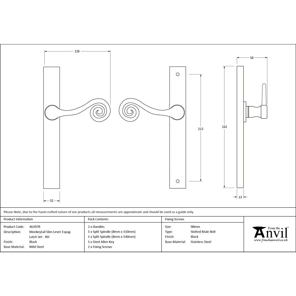 From The Anvil - Black Monkeytail Slimline Lever Espag. Latch Set - RH | Sku. 46397R | Trade Door Handles.