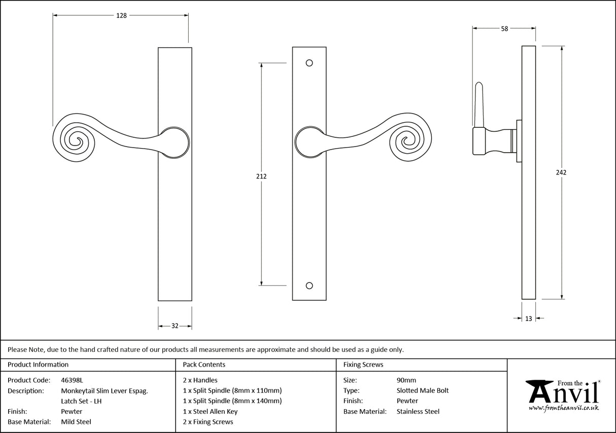 From The Anvil - Pewter Monkeytail Slimline Lever Espag. Latch Set - LH | Sku. 46398L | Trade Door Handles.