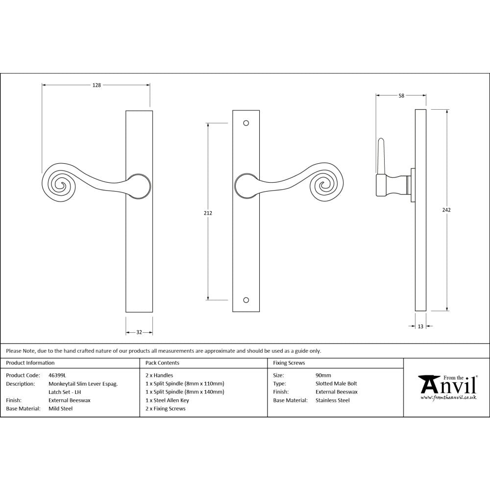 From The Anvil - External Beeswax Monkeytail Slimline Lever Espag. Latch Set -LH | Sku. 46399L | Trade Door Handles.