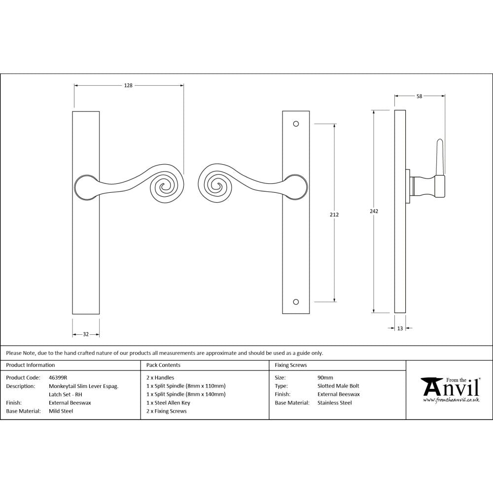 From The Anvil - External Beeswax Monkeytail Slimline Lever Espag. Latch Set -RH | Sku. 46399R | Trade Door Handles.
