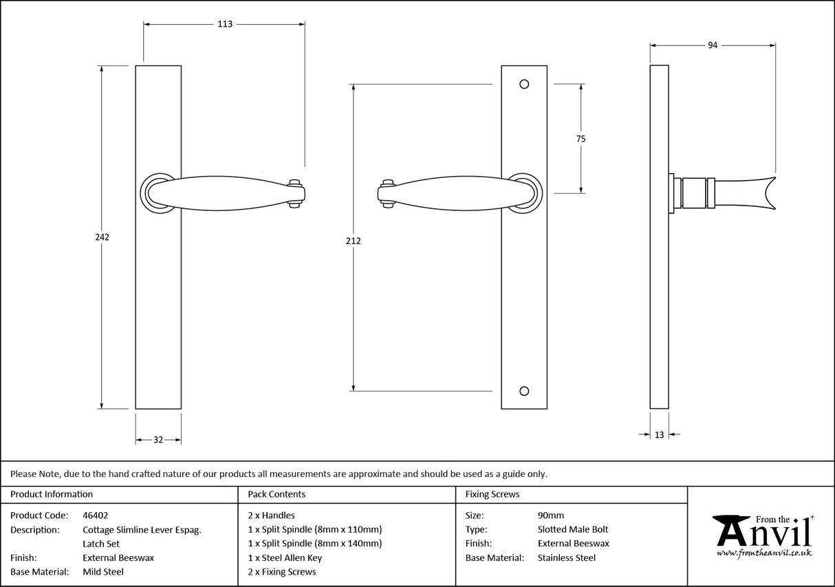From The Anvil - External Beeswax Cottage Slimline Lever Espag. Latch Set | Sku. 46402 | Trade Door Handles.