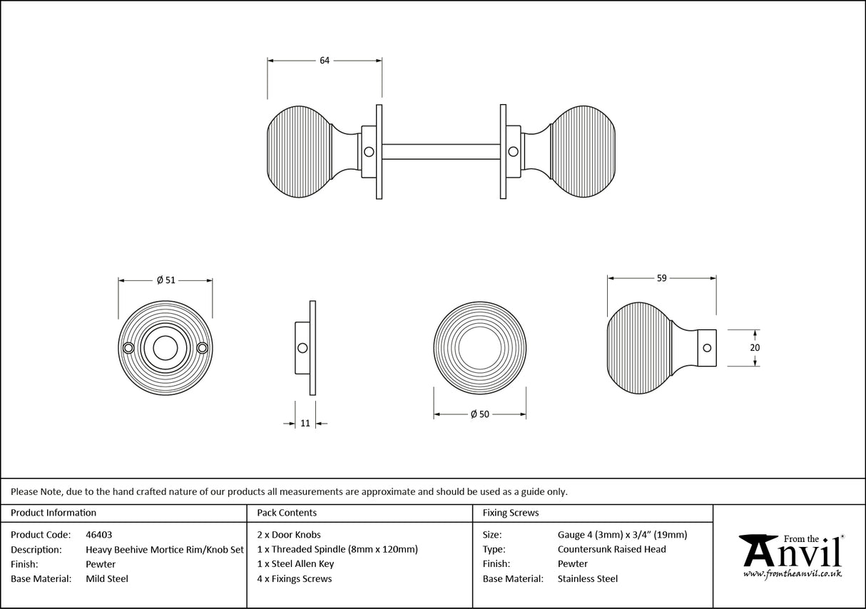 From The Anvil - Pewter Heavy Beehive Mortice/Rim Knob Set | Sku. 46403 | Trade Door Handles.