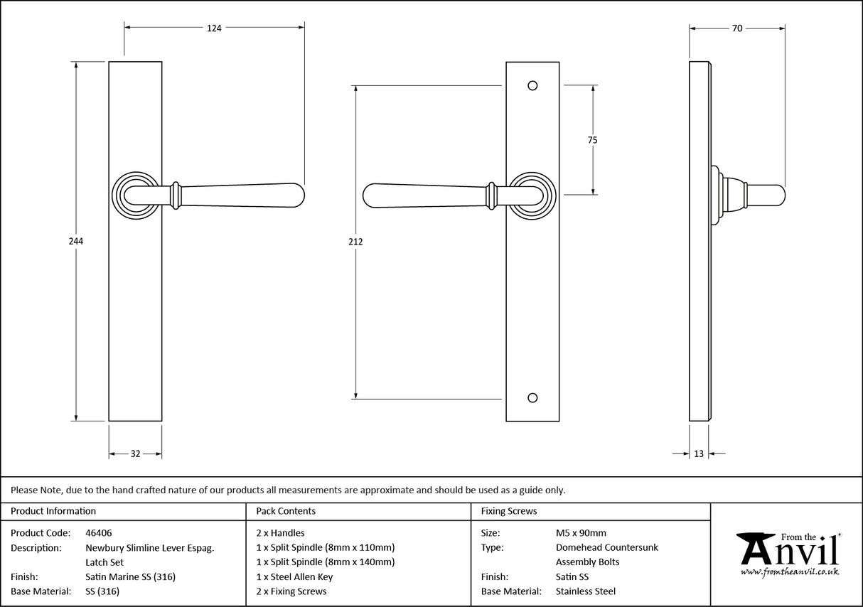 From The Anvil - Satin Marine SS (316) Newbury Slimline Lever Espag. Latch Set | Sku. 46406 | Trade Door Handles.