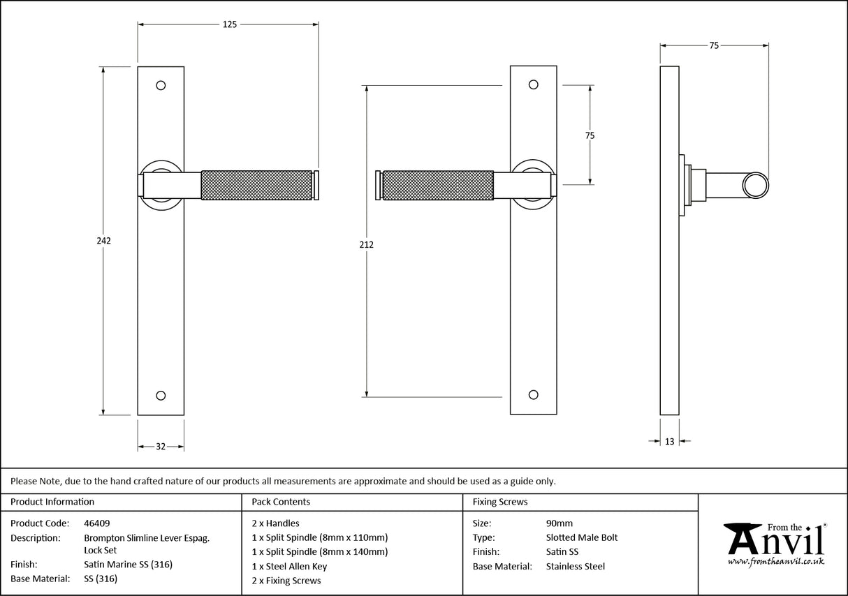 From The Anvil - Satin Marine SS (316) Brompton Slimline Lever Espag. Latch Set | Sku. 46409 | Trade Door Handles.