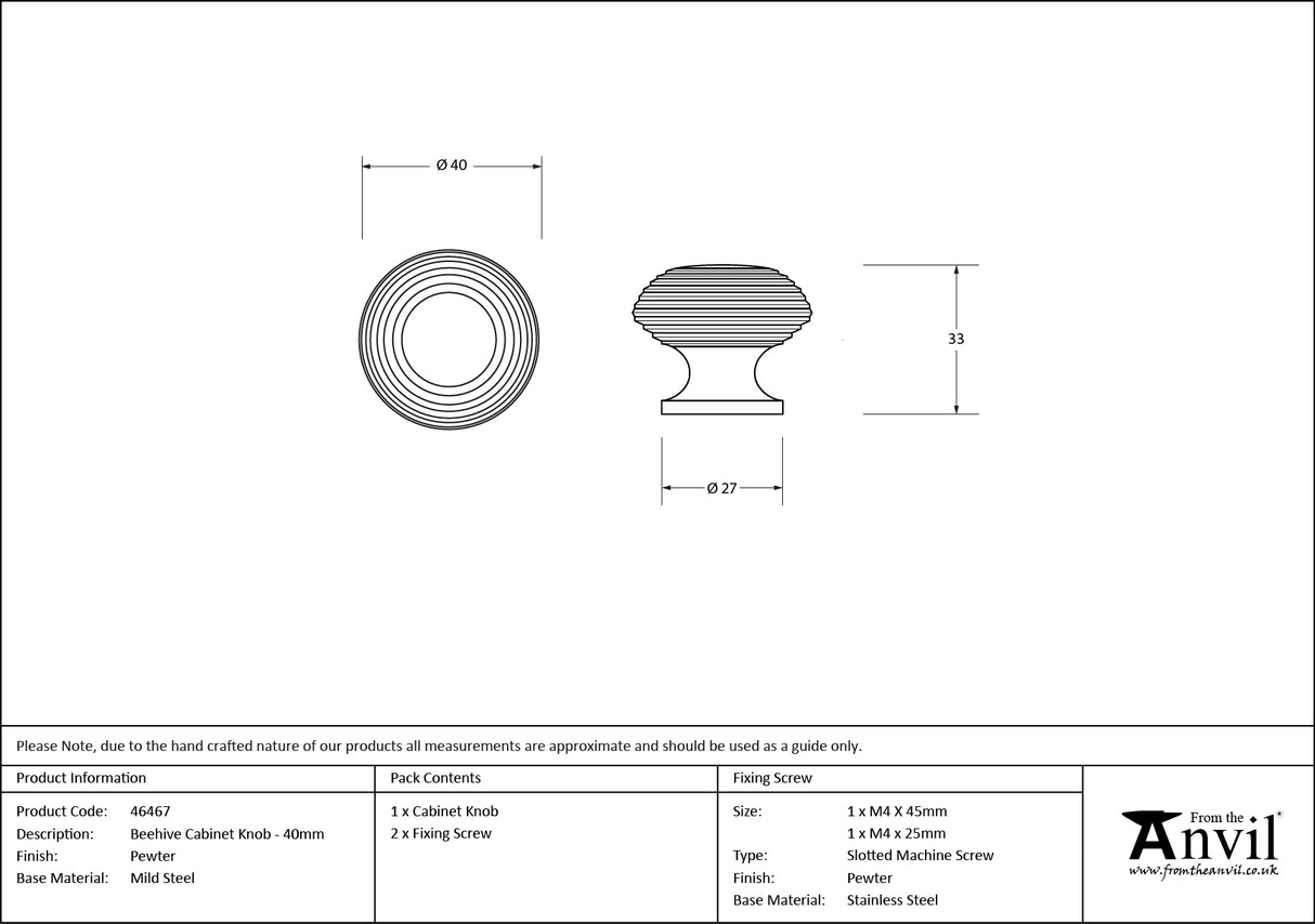 From The Anvil - Pewter Beehive Cabinet Knob 40mm | Sku. 46467 | Trade Door Handles.