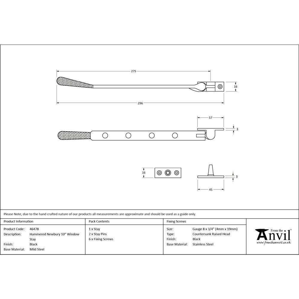 From The Anvil - Black 10" Hammered Newbury Stay | Sku. 46478 | Trade Door Handles.