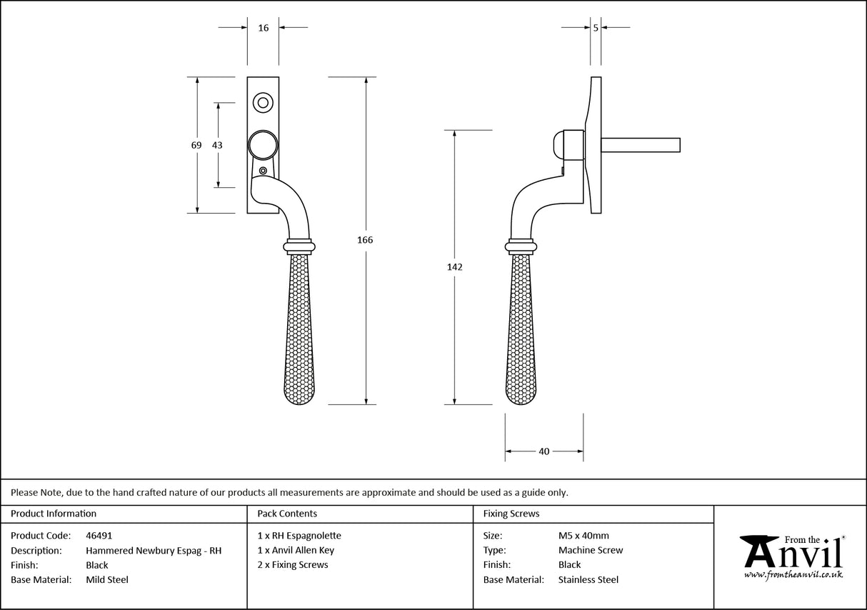 From The Anvil - Black Hammered Newbury Espag - RH | Sku. 46491 | Trade Door Handles.