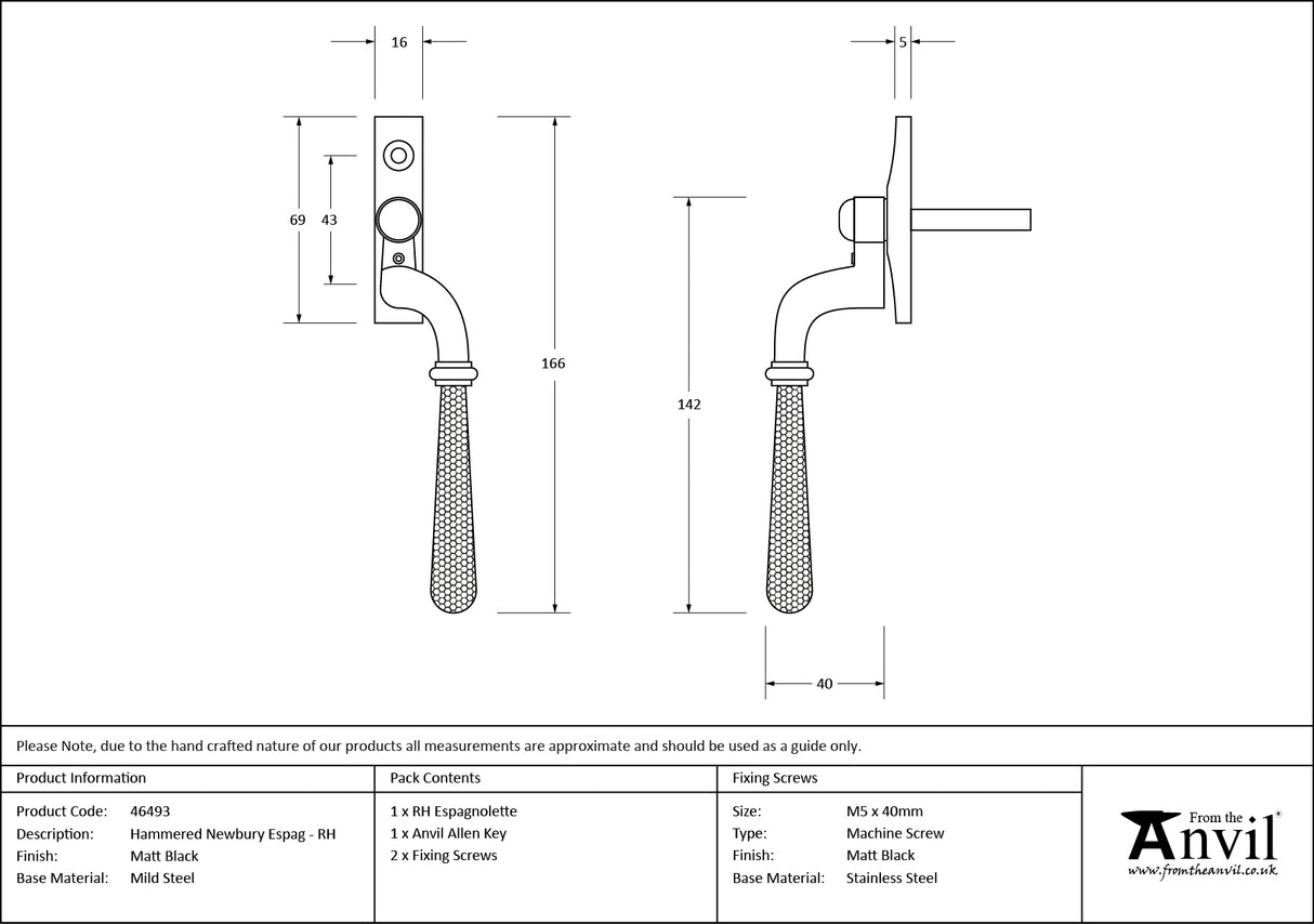 From The Anvil - Matt Black Hammered Newbury Espag - RH | Sku. 46493 | Trade Door Handles.
