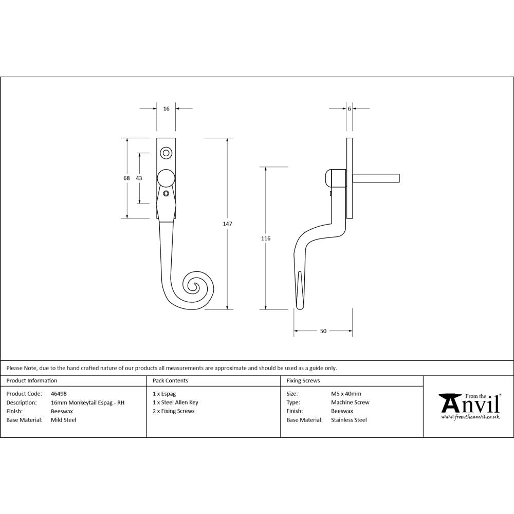 From The Anvil - Beeswax 16mm Monkeytail Espag - RH | Sku. 46498 | Trade Door Handles.