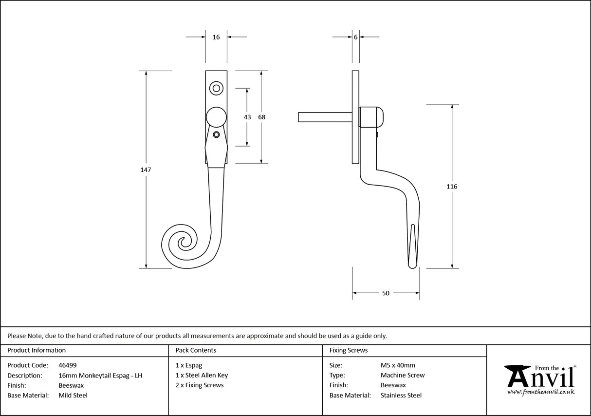 From The Anvil - Beeswax 16mm Monkeytail Espag - LH | Sku. 46499 | Trade Door Handles.