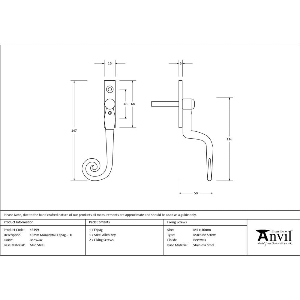 From The Anvil - Beeswax 16mm Monkeytail Espag - LH | Sku. 46499 | Trade Door Handles.
