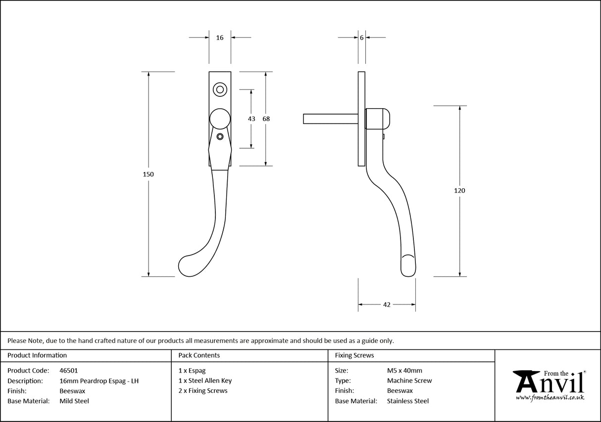 From The Anvil - Beeswax 16mm Peardrop Espag - LH | Sku. 46501 | Trade Door Handles.